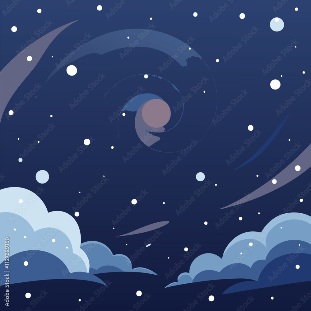  A magical winter atmosphere is created by swirling flakes and ethereal bokeh effects created by mesmerizing snowfall illuminated against a dark background