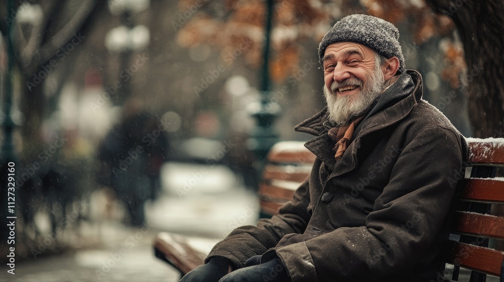 Happy elderly man enjoying a winter day on a park bench with falling snow in a serene outdoor setting. Happy elderly man enjoying a winter day on a park bench with falling snow in a serene outdoor setting.