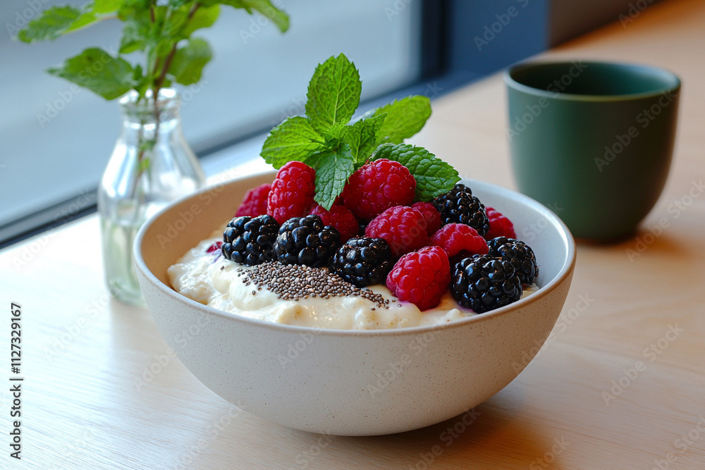 Delicious yogurt bowl topped with fresh berries and mint Delicious yogurt bowl topped with fresh berries and mint