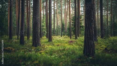 Serene Forest Landscape with Tall Trees and Lush Green Underbrush in Natural Light