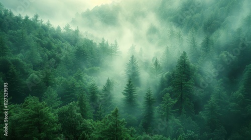 A lush green forest with a thick fog covering the trees