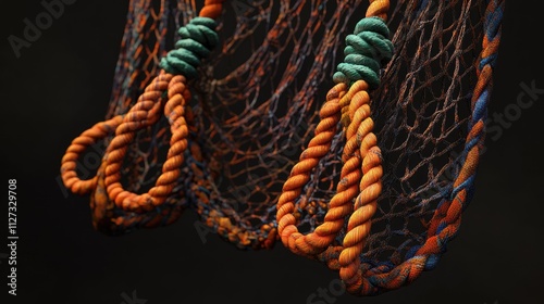 Fishing net with colorful rope attachment detailed close-up in dark background showcasing texture and craftsmanship of fishing equipment photo