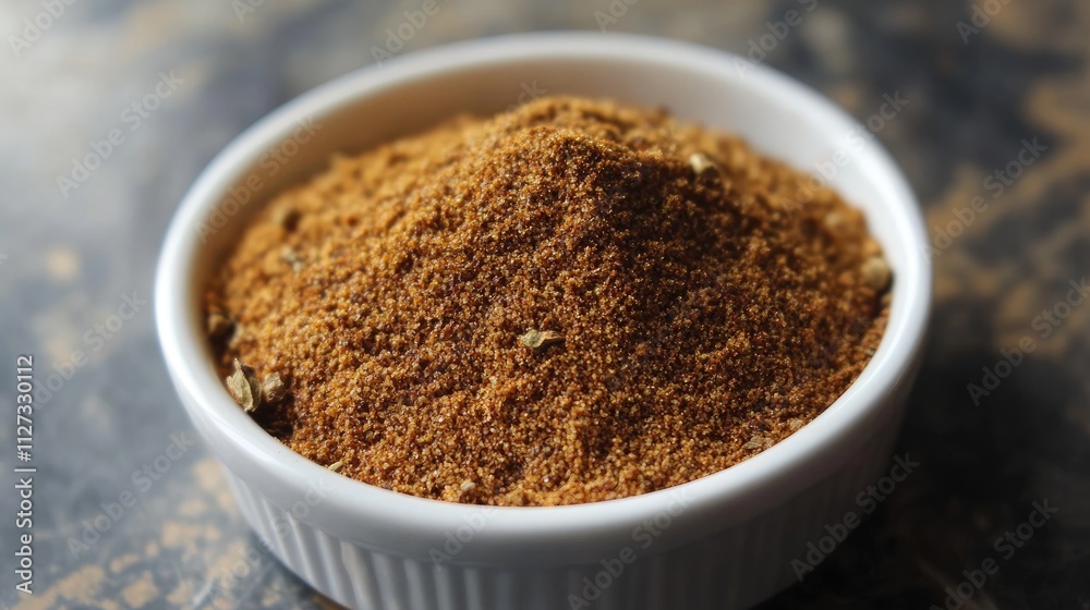 Aromatic five spice blend in a white bowl ready for culinary use on a rustic wooden surface. Aromatic five spice blend in a white bowl ready for culinary use on a rustic wooden surface.