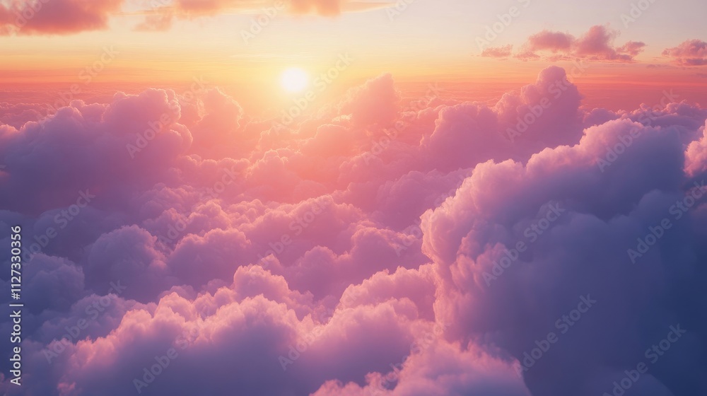 Serene twilight sky with colorful clouds at sunrise viewed from an airplane window during pandemic travel restrictions Serene twilight sky with colorful clouds at sunrise viewed from an airplane window during pandemic travel restrictions
