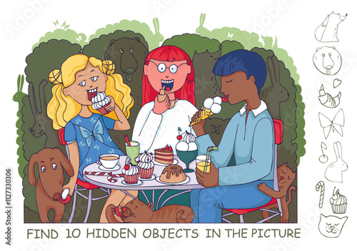 Find hidden objects in the picture. Group of friends eating out in a cafe together. People in the outdoor area of the bar with animals around.  Hand drawn vector illustration.