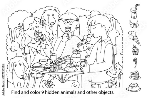 Find and color hidden objects in the picture. Group of friends eating out in cafe together. People in the outdoor area of the bar with animals around.  Linear sketch vector illustration.