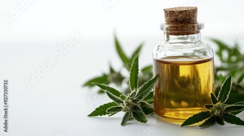 Cannabis oil extract in glass bottle with hemp leaves on white background showcasing herbal medicine and wellness concept