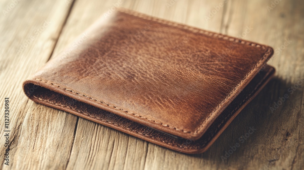 Brown leather wallet resting on rustic wood surface showcasing texture and craftsmanship in a warm and inviting setting. Brown leather wallet resting on rustic wood surface showcasing texture and craftsmanship in a warm and inviting setting.