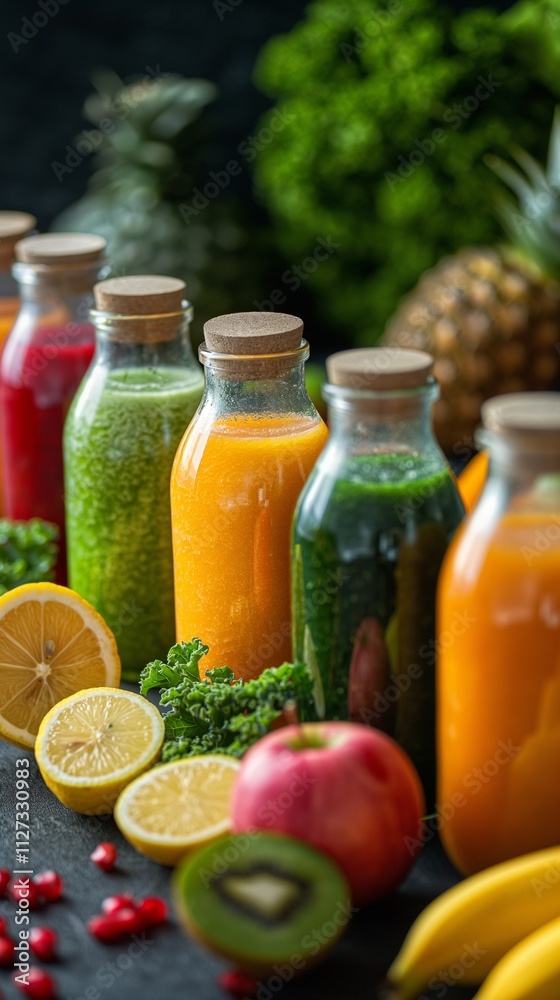 Transparent bottles with colorful detox smoothies made from vegetables and fruits stand on a wood table surrounded by oranges, berries and apples. Transparent bottles with colorful detox smoothies made from vegetables and fruits stand on a wood table surrounded by oranges, berries and apples.