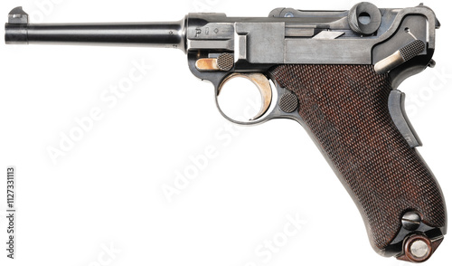 Studioaufnahme einer DWM Mod. 1900 E-Suffix Luger historischen Pistole Kurzwaffe auf freigestelltem transparentem Untergrund