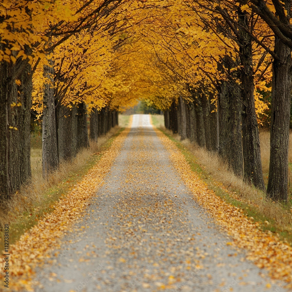 Naklejka premium Swirling autumn leaves dance along a quiet road in a vibrant forest