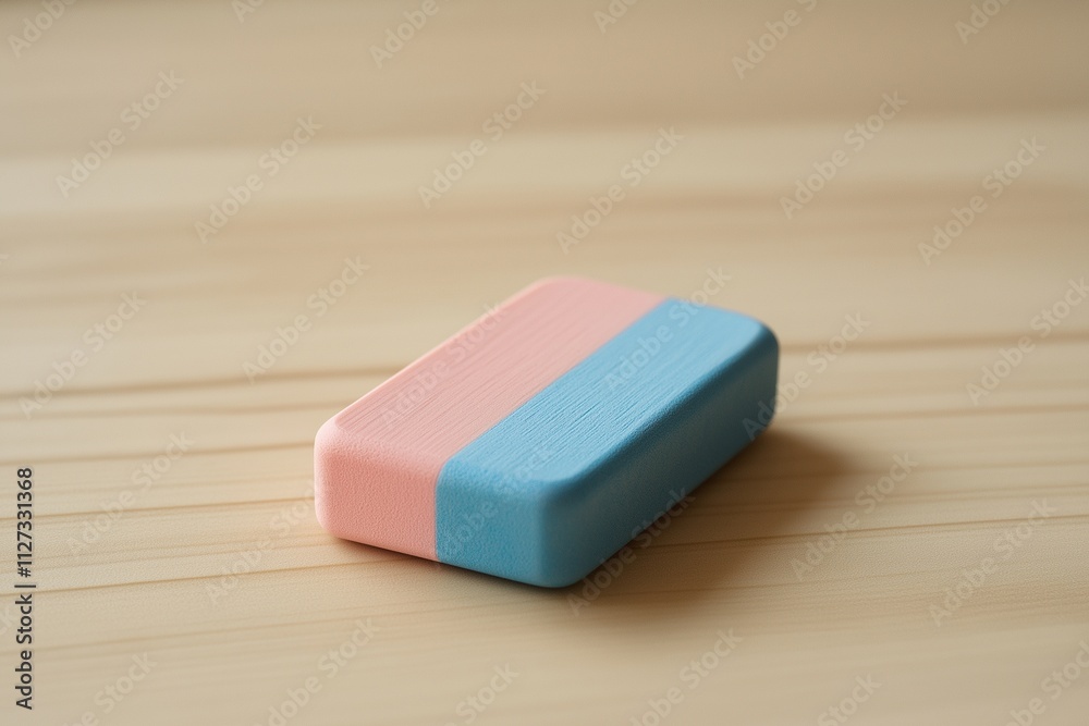 Two-Color Eraser in Pink and Blue on Wooden Surface Two-Color Eraser in Pink and Blue on Wooden Surface