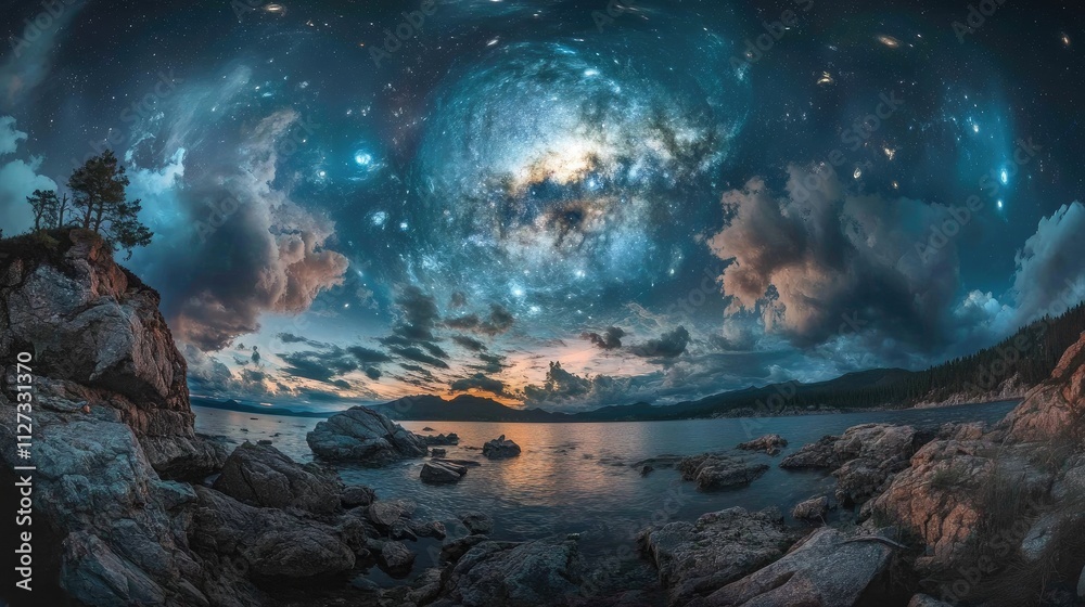 Naklejka premium Majestic night sky panorama with vibrant stars and clouds reflecting over serene water landscape at dusk