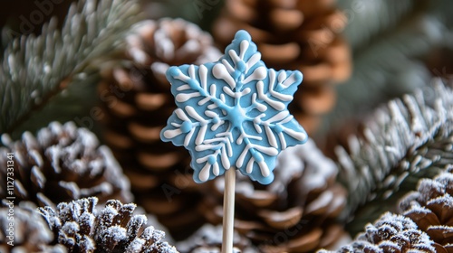 A snowflake-shaped sugar lollipop with frosty blue icing details, placed on a background of snowy pinecones photo