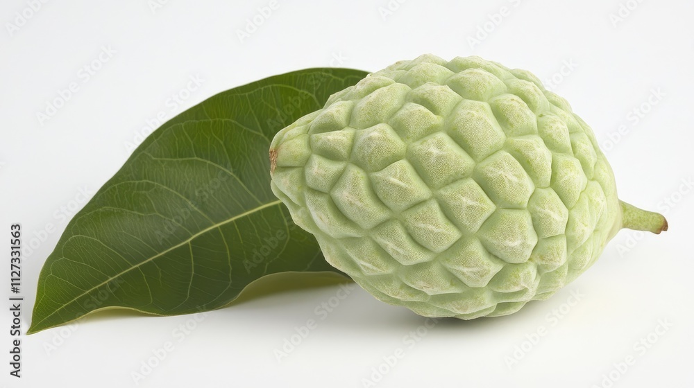 Obraz premium Custard apple with green leaf showcasing its unique texture and vibrant color on a clean white background.