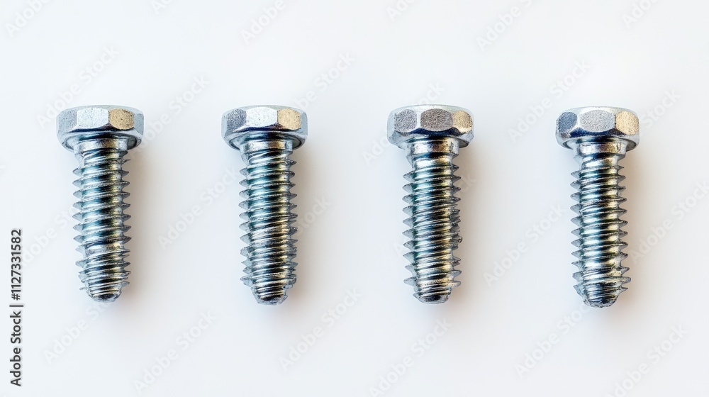 Metal screws arranged in a row on a white background showcasing construction hardware for connecting various objects securely. Metal screws arranged in a row on a white background showcasing construction hardware for connecting various objects securely.
