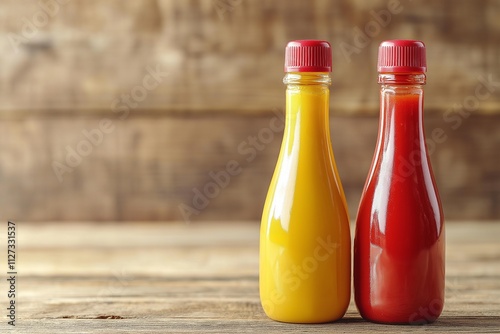 Vibrant ketchup mustard squeeze bottles on rustic wooden table photo