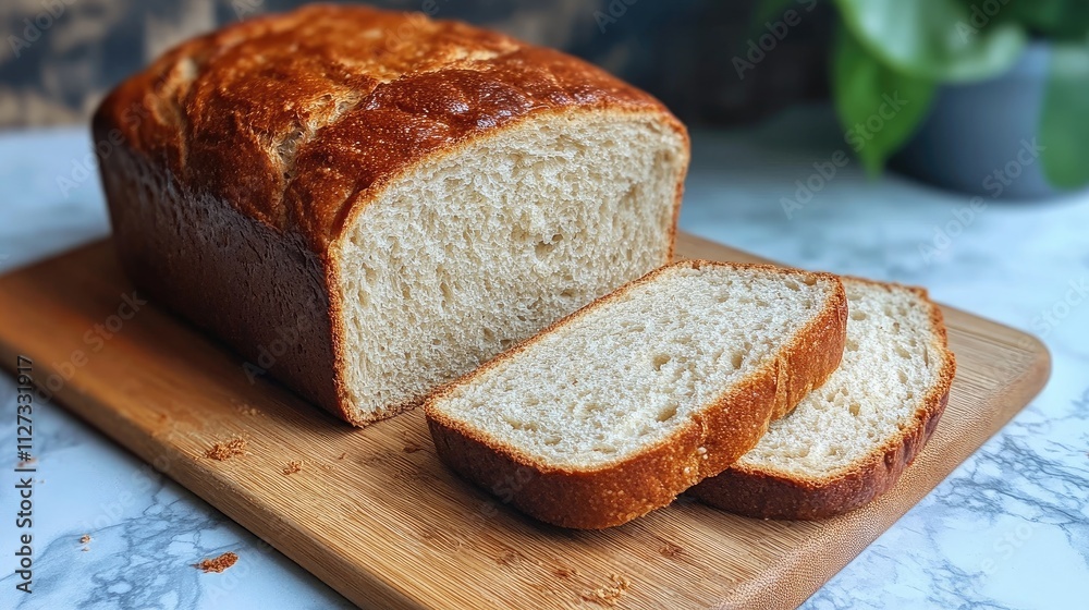 Freshly Baked White Sandwich Bread Loaf Sliced on Wooden Cutting Board Freshly Baked White Sandwich Bread Loaf Sliced on Wooden Cutting Board