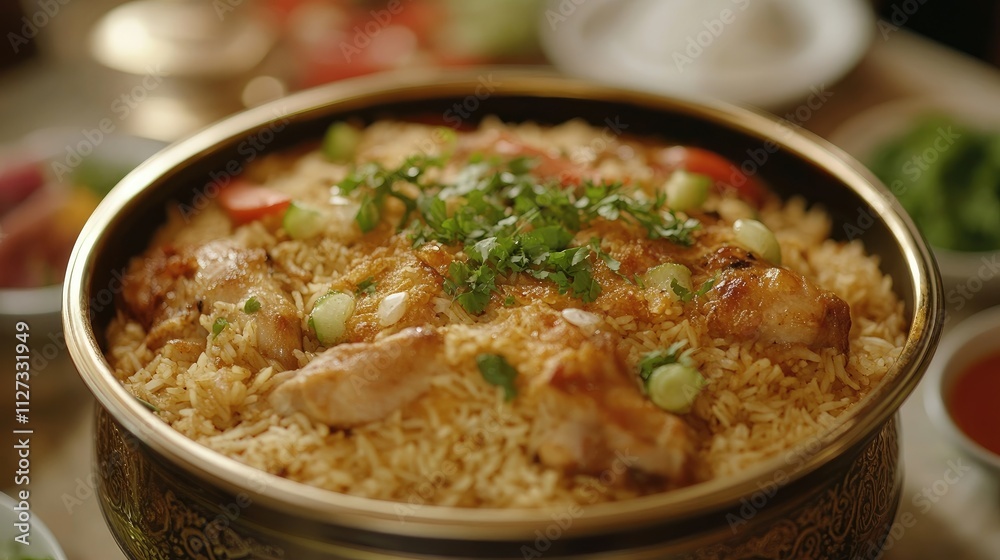 Homemade chicken kabsa traditional Arabian rice dish garnished with herbs served in an ornate bowl perfect for Saudi cuisine enthusiasts Homemade chicken kabsa traditional Arabian rice dish garnished with herbs served in an ornate bowl perfect for Saudi cuisine enthusiasts