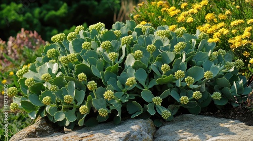 Mediterranean Spurge Euphorbia characias Wulfenii in Bloom at a Charming Cottage Garden in Rural Devon England photo