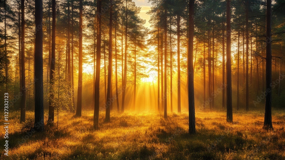 Majestic evergreen forest at sunrise with sun rays piercing through morning fog creating a dreamlike and atmospheric landscape Majestic evergreen forest at sunrise with sun rays piercing through morning fog creating a dreamlike and atmospheric landscape
