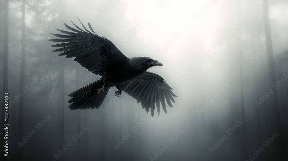 Fototapeta premium Black crow in flight through foggy forest.