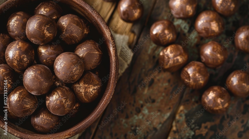 Luxurious chocolate truffles in a wooden bowl Luxurious chocolate truffles in a wooden bowl