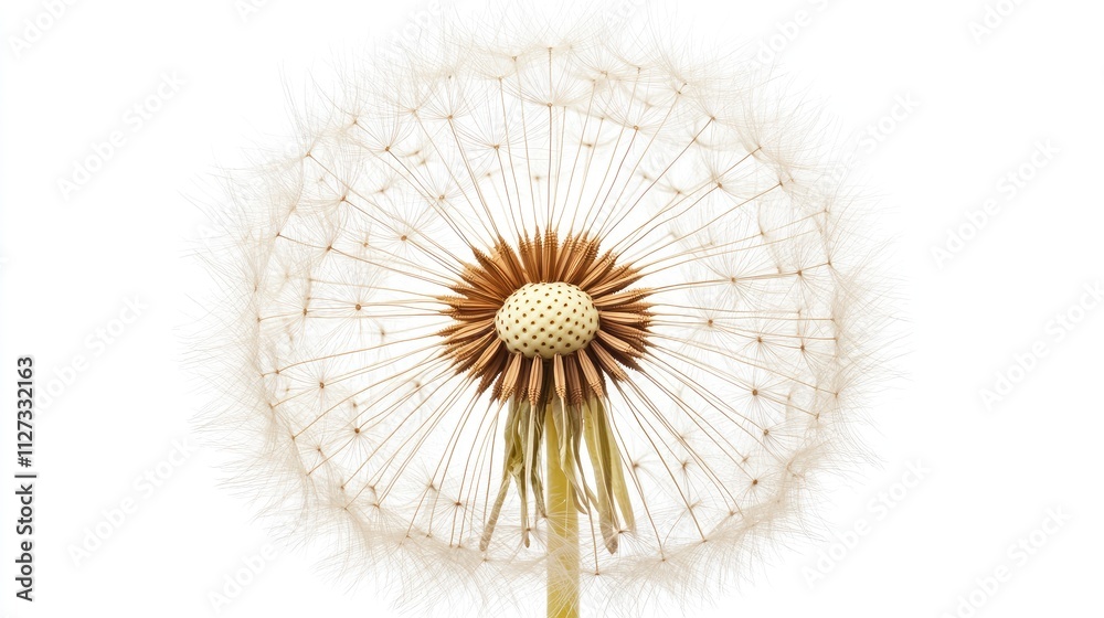 Dandelion seed head on white background showcasing intricate details of nature's design and structure in a minimalist style Dandelion seed head on white background showcasing intricate details of nature's design and structure in a minimalist style