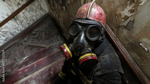 Firefighter in gas mask resting on stairs of a damaged building showcasing bravery and resilience in emergency response situations photo