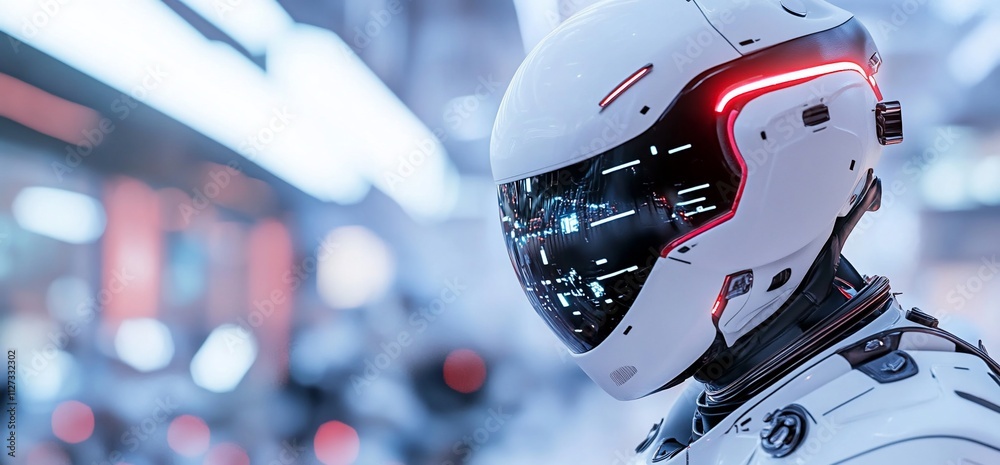Futuristic robot helmet with glowing elements and sleek design.