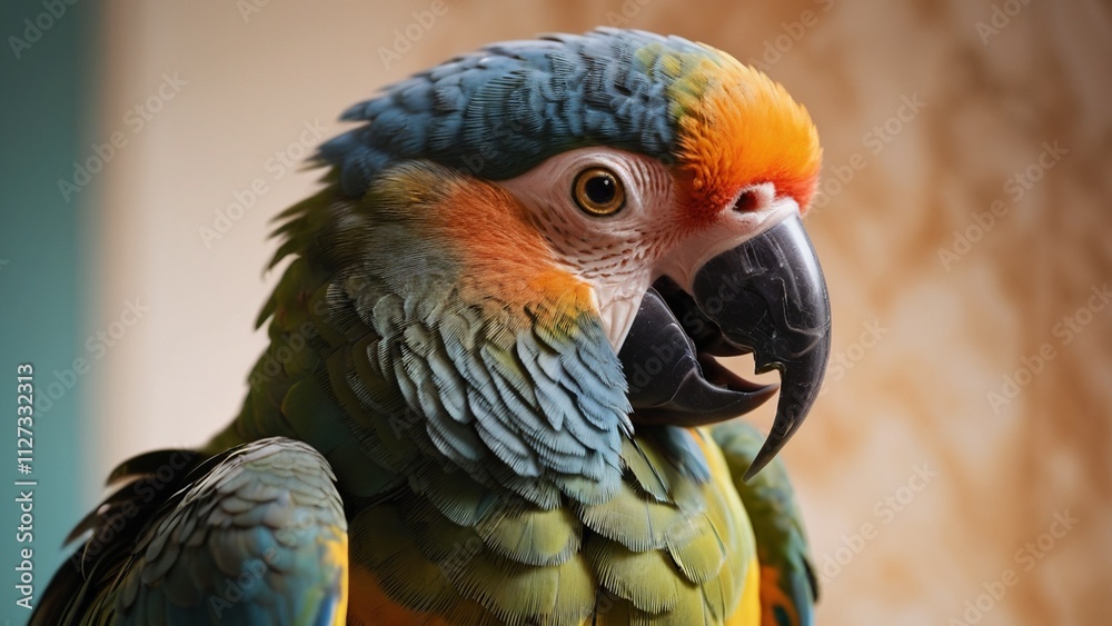 Fototapeta premium Cute Parrot, Bird, Beautiful Pet, A close-up Portrait, Animal, Marble, Home, Indoor, Wallpaper, Screensaver, Background