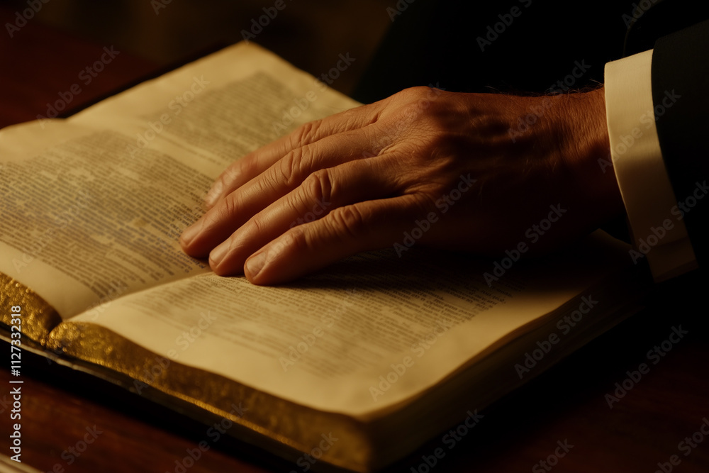 Naklejka premium Presidential Inauguration Hand on Bible Warm Solemn Lighting