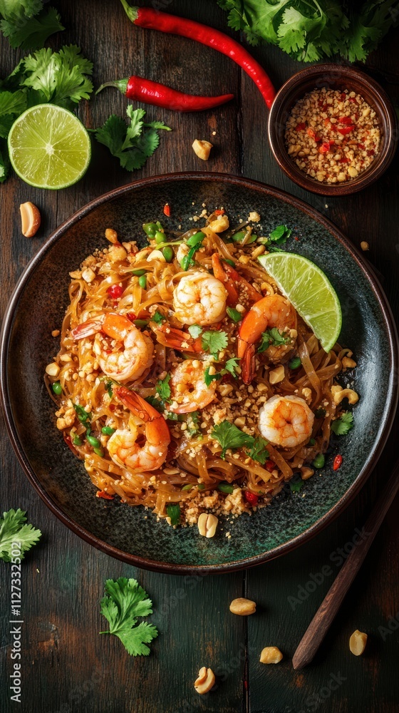A vibrant plate of shrimp pad thai garnished with lime, peanuts, and herbs. A vibrant plate of shrimp pad thai garnished with lime, peanuts, and herbs.