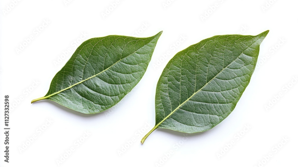 Fresh green leaves isolated on a white background showcasing natural texture and vibrant color from a tree in a residential area Fresh green leaves isolated on a white background showcasing natural texture and vibrant color from a tree in a residential area