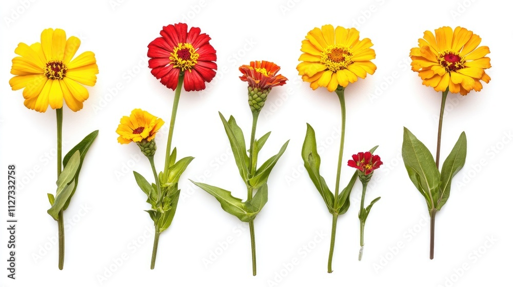Vibrant marigold and zinnia flower assortment showcasing yellow and red hues on a clean white background for floral design concepts. Vibrant marigold and zinnia flower assortment showcasing yellow and red hues on a clean white background for floral design concepts.