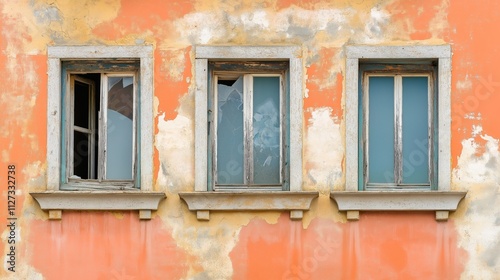 Decay and nostalgia in urban architecture with cracked windows highlighted by weathered walls
