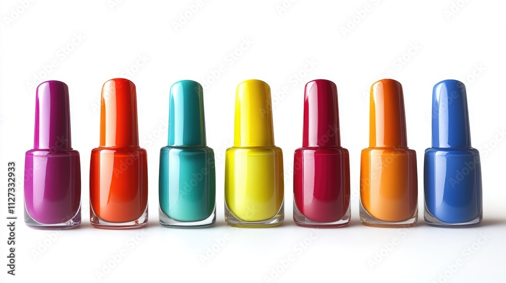 Vibrant array of colorful nail polishes lined up against a clean white background showcasing variety and beauty in cosmetic products. Vibrant array of colorful nail polishes lined up against a clean white background showcasing variety and beauty in cosmetic products.