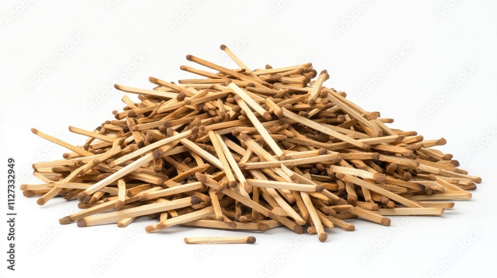 Heap of wooden matchsticks arranged on a clean white background ideal for background textures or fire safety concepts Heap of wooden matchsticks arranged on a clean white background ideal for background textures or fire safety concepts