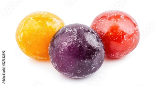 Colorful fruit flavored sugar plums and hard candies displayed on a white background showcasing vibrant hues and enticing textures photo