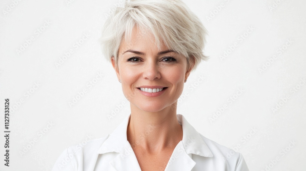 Smiling adult woman with short blond hair in white coat against a clean white background portraying confidence and approachability Smiling adult woman with short blond hair in white coat against a clean white background portraying confidence and approachability