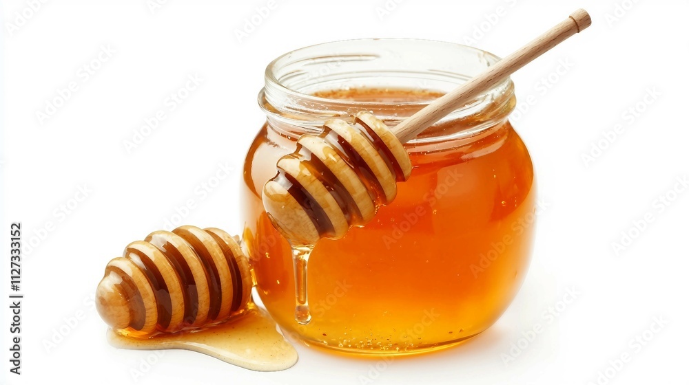 Glorious Honey Jar with Dipper and Golden Liquid on White Surface Glorious Honey Jar with Dipper and Golden Liquid on White Surface