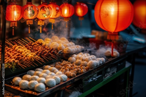 Photo of a Chinese traditional street food stall displaying grilled skewers, steamed buns, and rice balls illuminated by soft red lantern light, creating a festive Chinese New Year atmosphere. photo