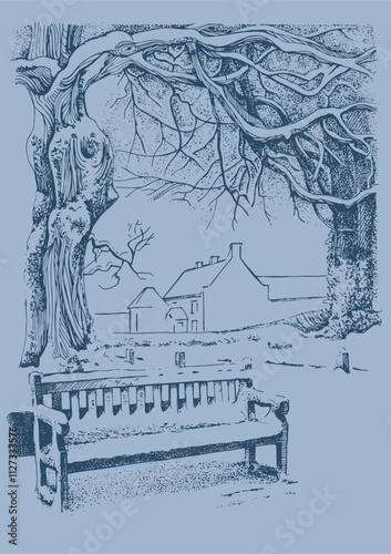 Winter landscape. Countryside landscape panorama. Line sketch converted to vector drawing.
