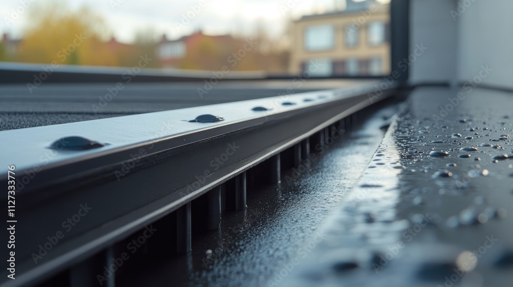 Close-up of flat roof drainage system with waterproofing roll showcasing rainwater management and modern architectural design. Close-up of flat roof drainage system with waterproofing roll showcasing rainwater management and modern architectural design.