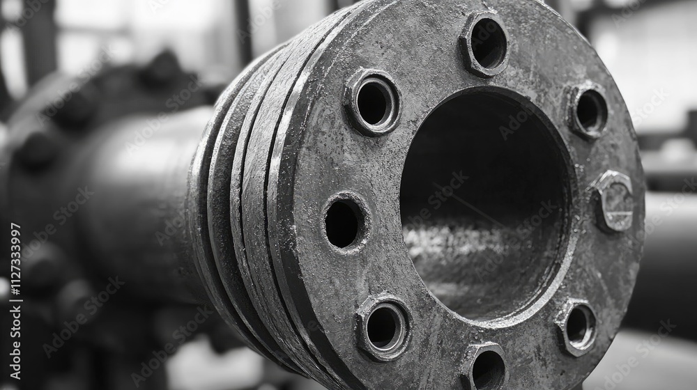 Obraz premium Industrial Flange Connection on Pipeline in Black and White Featuring Detailed Metal Work and Texture