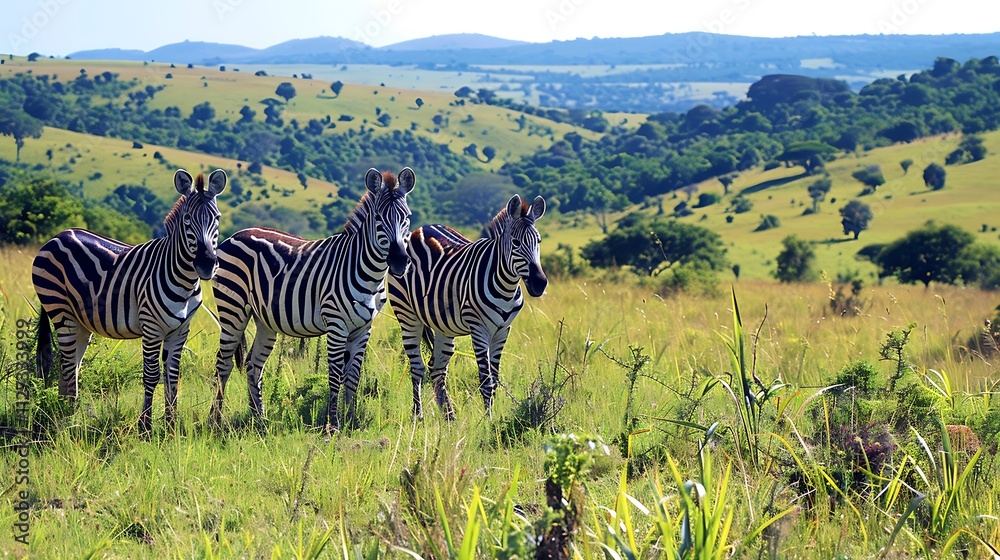 Naklejka premium African Savannah Zebra Trio: A Serene Landscape
