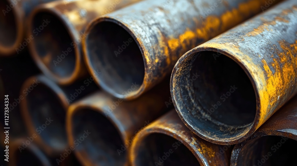 Closeup of rusted industrial pipes stacked in an organized manner showcasing texture and age in a modern industry setting. Closeup of rusted industrial pipes stacked in an organized manner showcasing texture and age in a modern industry setting.