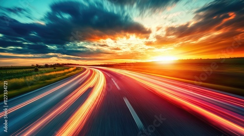 Dynamic sunset road with light trails illustrating concepts of speed, digital transformation, and innovative global communication in motion.