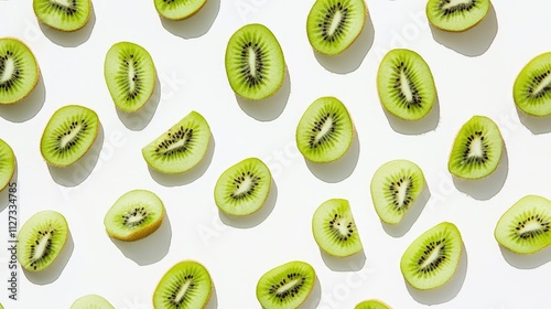 Sliced kiwi fruit arranged on a bright white background showcasing vibrant green interior and black seeds