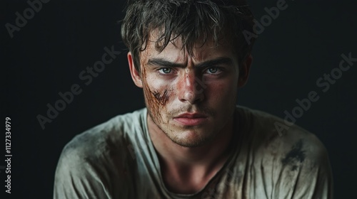 Intense portrait of a young man with burnt dirty face capturing raw emotions and grit